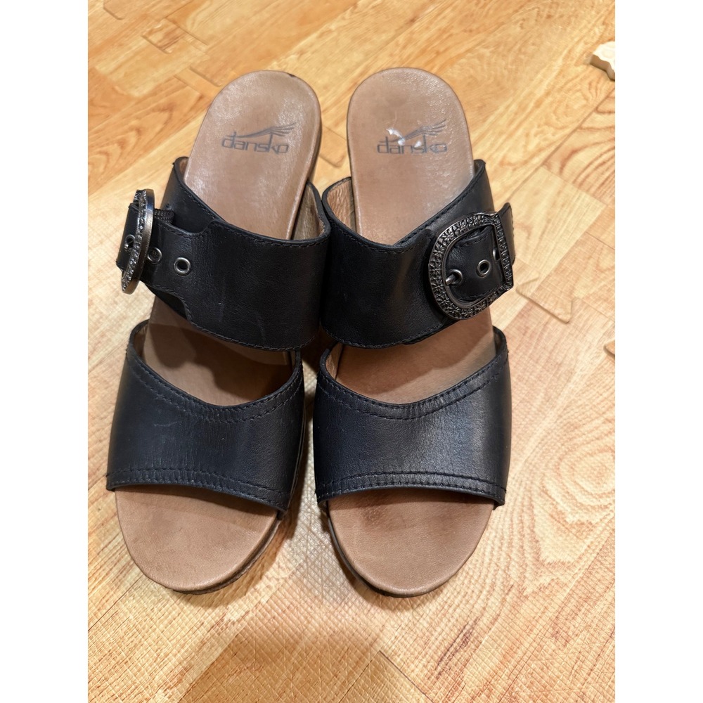 Dansko Black Leather Buckle Slide Sandals Wood Grain Platform Block Heel 38